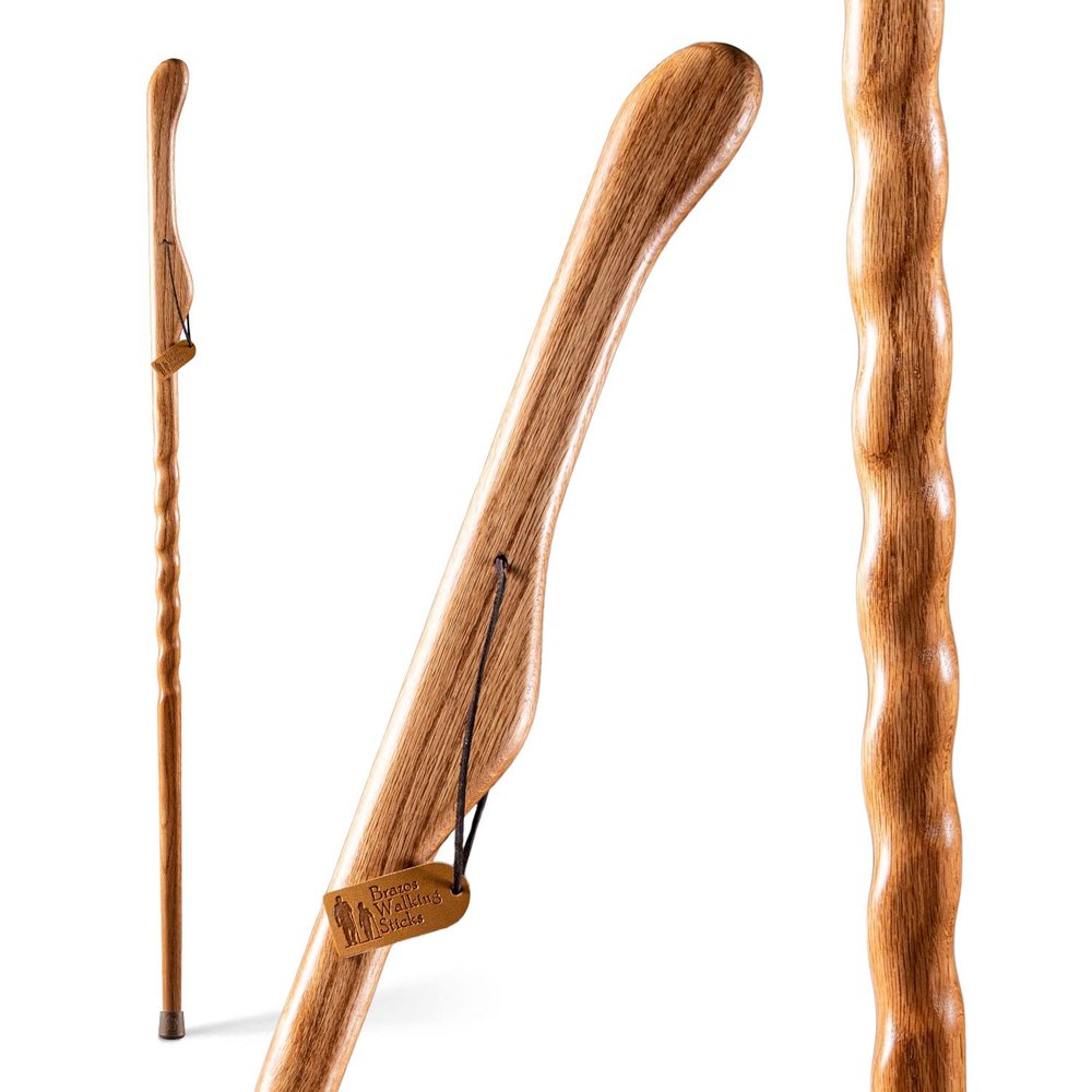 Brazos Handcrafted Wood Walking Stick, Twisted Oak, Hitchhiker Style Handle, for Men & Women, Made in the USA, Tan, 58"