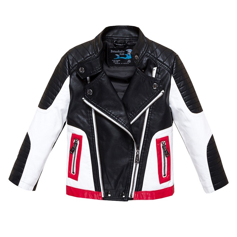 BUDERMMY Boys Leather Motorcycle Pilot Jackets Toddler Coats (9-10 Years, Black/White)