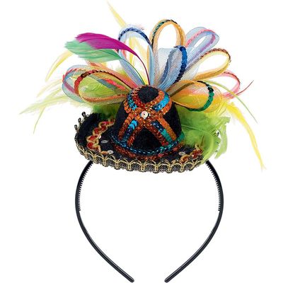 Amscan Fiesta Deluxe Tiara - 4.5" x 6" x 9" - Stunning Multicolor Fabric w/Feathers, Ribbons & Sequins - Perfect Party Accessory, 1 Pc