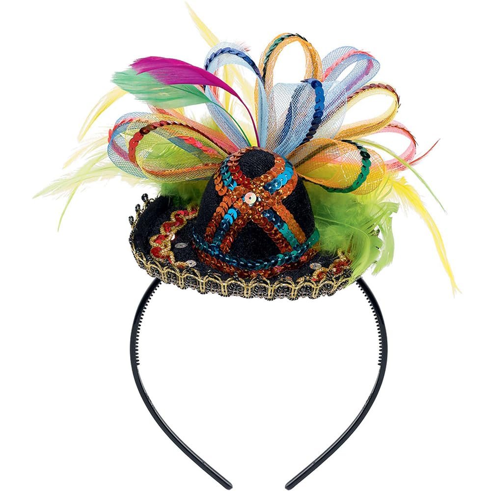 Amscan Fiesta Deluxe Tiara - 4.5" x 6" x 9" - Stunning Multicolor Fabric w/Feathers, Ribbons & Sequins - Perfect Party Accessory, 1 Pc