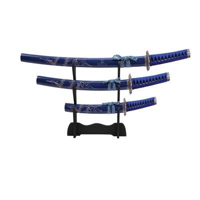 Carved Dragon Blue Samurai Sword Set of 3 with Stand