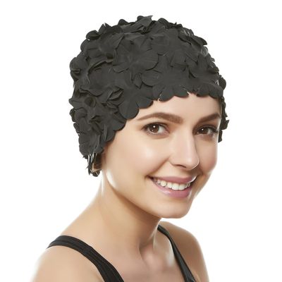 Latex Swim Cap - Women Stylish Swimming Cap Great for Ladies, Perfect to Keep Hair Dry - Suitable for Long Hair - Flowal Petal Vintage Style - Black
