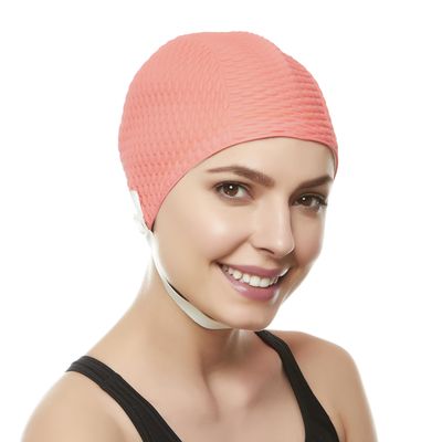 Latex Swim Cap - Women Stylish Swimming Cap Great for Ladies, Perfect to Keep Hair Dry - Suitable for Long Hair - Bubble Crepe with Chin Strap - Hot Pink