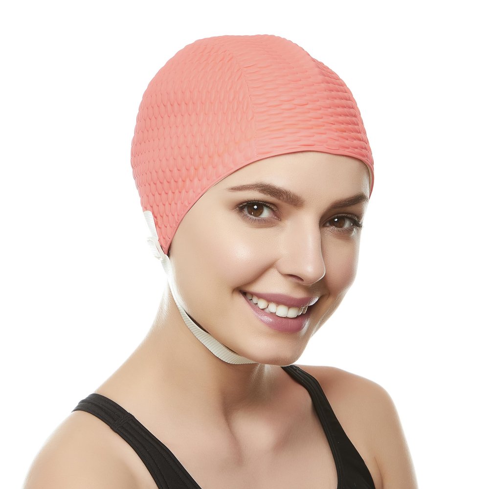 Latex Swim Cap - Women Stylish Swimming Cap Great for Ladies, Perfect to Keep Hair Dry - Suitable for Long Hair - Bubble Crepe with Chin Strap - Hot Pink
