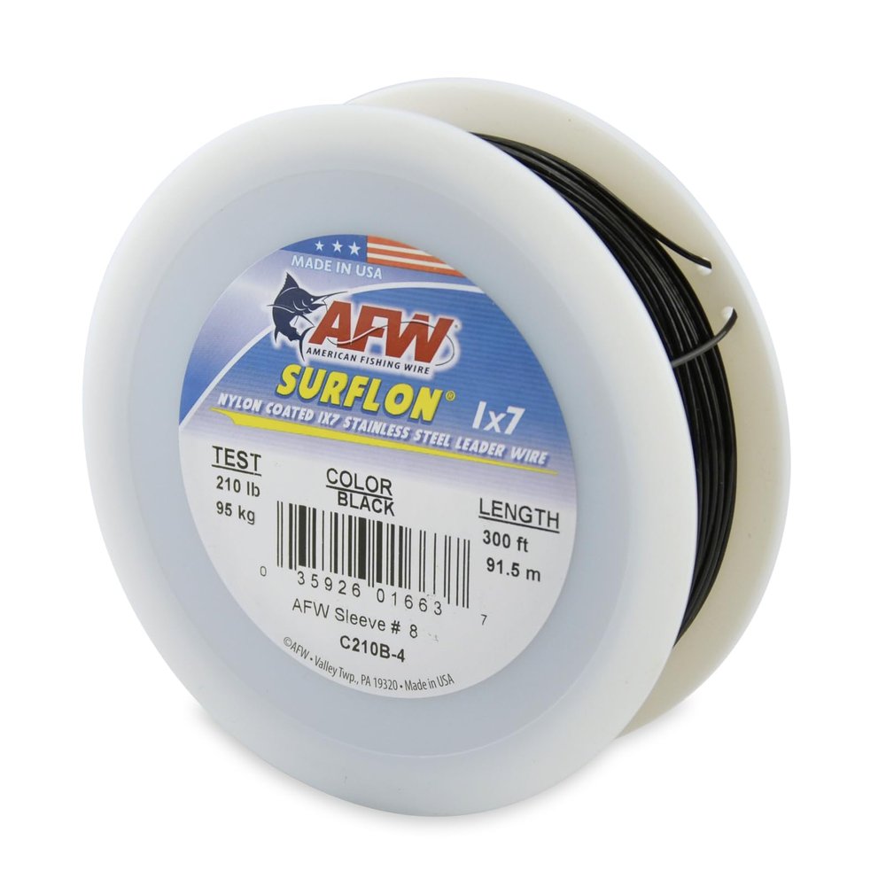 American Fishing Wire Surflon, Nylon Coated 1x7 Stainless Steel Leader Wire, 210 lb Test, .051" Diameter, Black, 300 ft