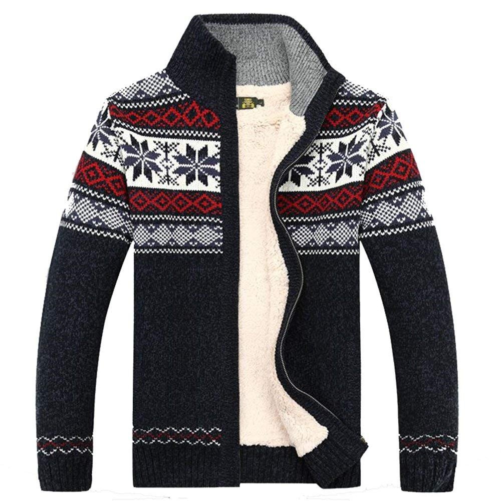Kedera Fashion Winter Cotton Knitted Cardigan Men's Casual Thick Warm Sweater (Large, Blue)