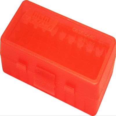 MTM P50-9M-29 Ammo Box 50 Round Flip-Top | Fits 380 ACP & 9MM Cal | Made of Polypropylene | Stackable, Snap Lock Latch | USA Made | Clear Red