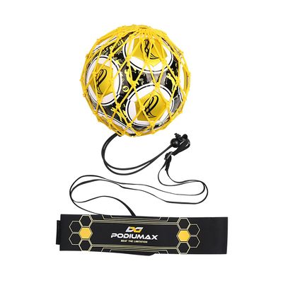 PodiuMax Hands-Free Soccer Kick/Throw Trainer, New Ball Locked Net Design, Adjustable Waist Belt & Cord Suit for All Levels (Fits Ball Size 3, 4, 5)