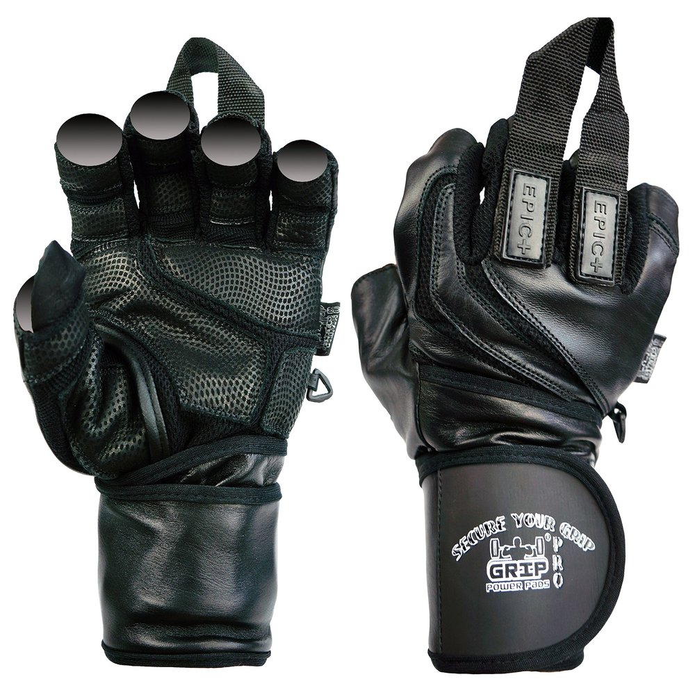 Epic Leather Gym Gloves with Built in 2" Wide Wrist Wraps Best Grip & Design for Weightlifting Power Lifting Bodybuilding & Strength Training Workout Exercises (Black, Medium 7 5/8" - 8")