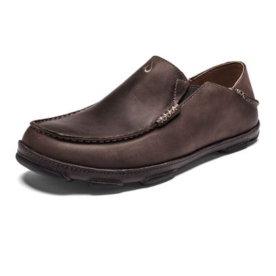OLUKAI Moloa Men's Premium Leather Shoes, Easy Slip On & Off Design, Casual & Versatile Loafer, Drop-in Heel & Enhanced Traction, Dk Wood/Dk Java, 12