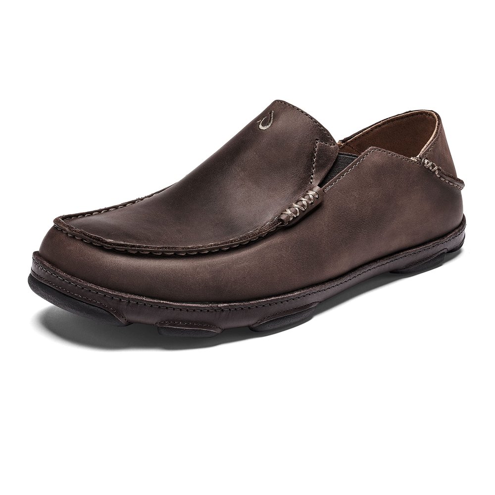 OLUKAI Moloa Men's Premium Leather Shoes, Easy Slip On & Off Design, Casual & Versatile Loafer, Drop-in Heel & Enhanced Traction, Dk Wood/Dk Java, 12