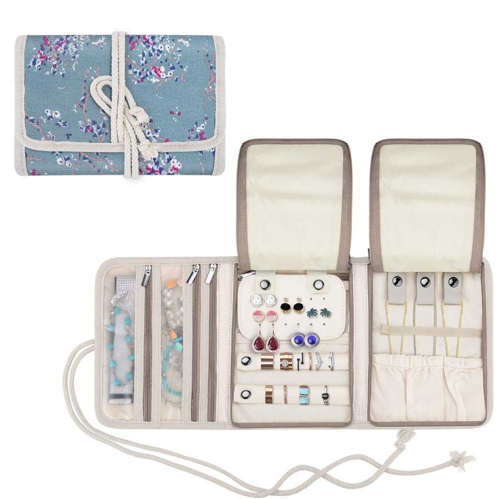Teamoy Travel Jewelry Roll, Jewelry Storage Bag Organizer for Necklaces, Earrings, Bracelets, Rings, Brooches and More, Compact and Easy to Carry, Plum Flowers
