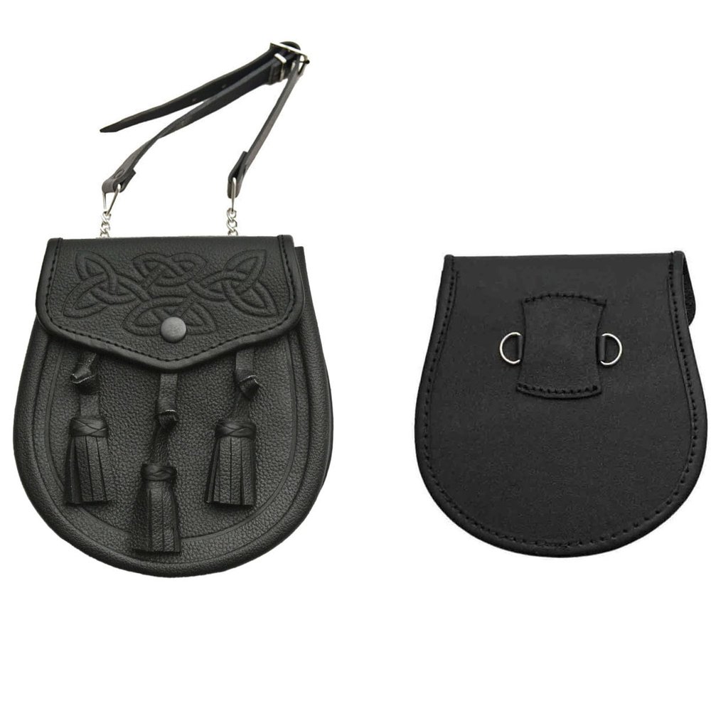 SZCO Medieval Sporran 8 Inch - Black Embossed Celtic Knot Leather Pouch with Tassels - Scottish Kilt Sporran with Chain Belt for Men - Medieval Bag for Costume & Renaissance Accessories