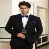 HISDERN Men's Bee Pattern Self Bow Tie And Pocket Square Set Wedding Party Accessories,Navy Blue & Yellow,One Size view 3