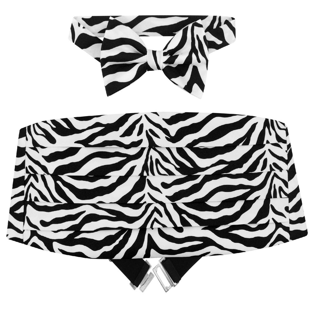 Vesuvio Napoli Cumberbund & BowTie ZEBRA Skin Print Design Men's Cummerbund Bow Tie Set