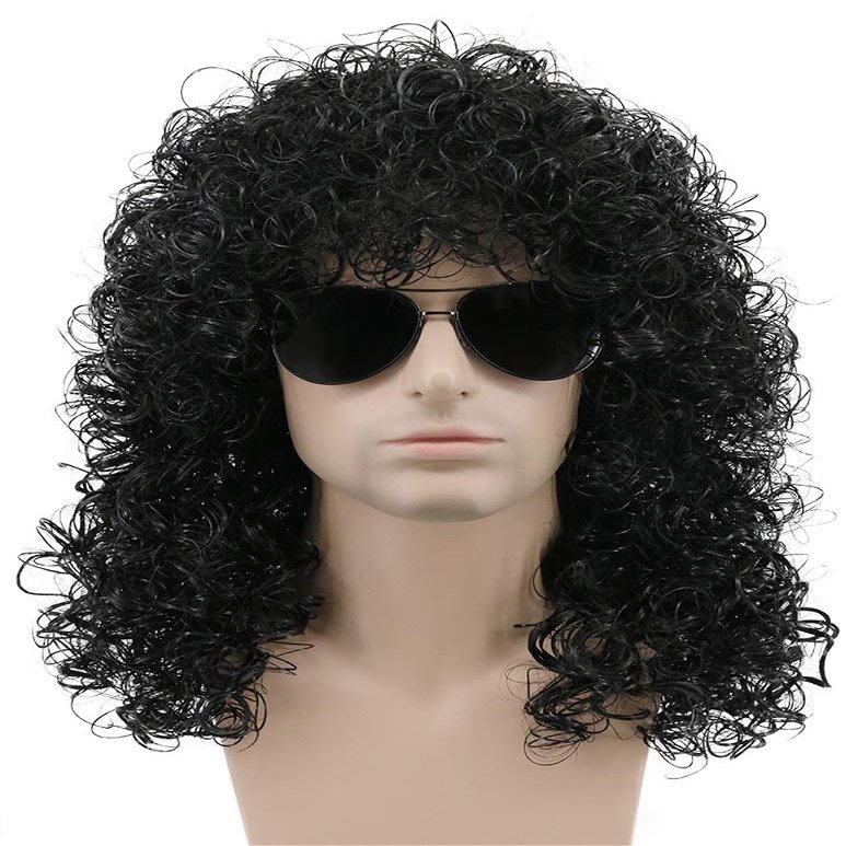 karlery 70s 80s Mens Long Curly Black Wig Afro Punk Rocker Halloween Party Costume Wig