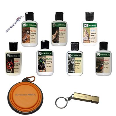 D.T. Systems Training Scent for Pets, 1-1/4-Ounce All 7 Flavors with Free Out Rider Pro Premium Water Bowl Silicone (Portable) Collapsible for Traveling and Hunting and Premium Golden Whistle 120DB