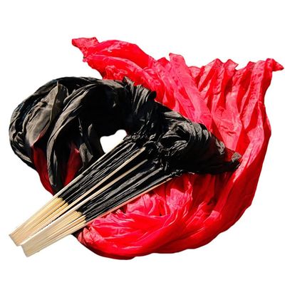 Nimiman Women 1 Pair (Left+Right) Silk Belly Dance Fan Veil Belly Dancing Long Folding Fans Length 150 cm Width 90 cm (Black red)