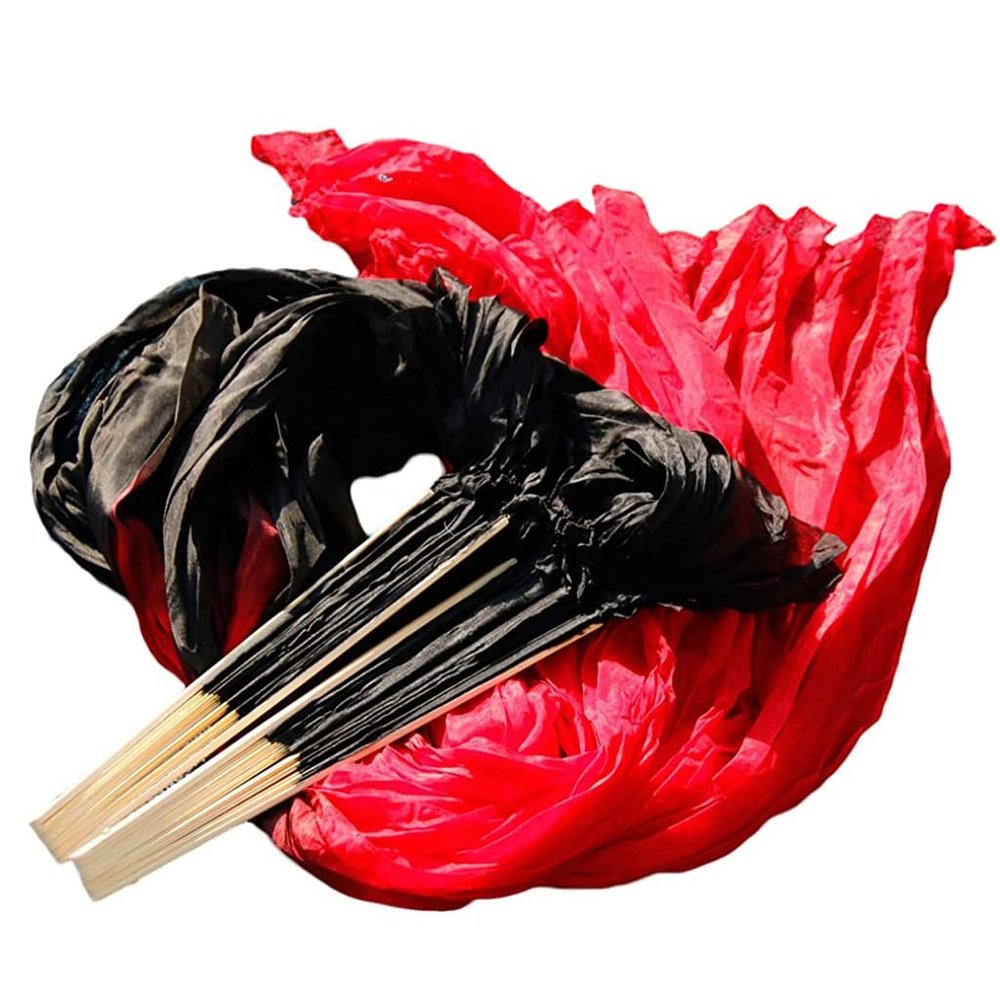 Nimiman Women 1 Pair (Left+Right) Silk Belly Dance Fan Veil Belly Dancing Long Folding Fans Length 150 cm Width 90 cm (Black red)