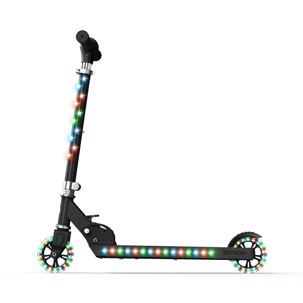 Jetson Scooters - Jupiter Kick Scooter (Black) - Collapsible Portable Kids Push Scooter - Lightweight Folding Design with High Visibility RGB Light Up LEDs on Stem, Wheels, and Deck