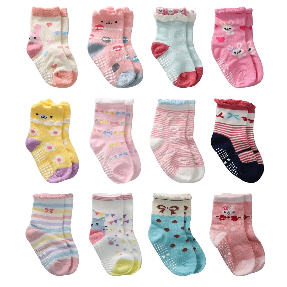 12 Pairs Toddler Girl Grip Crew Socks, Non Skid Cotton Anti Slip Socks for Kids Girls (12 Pairs, 1-3 Years)
