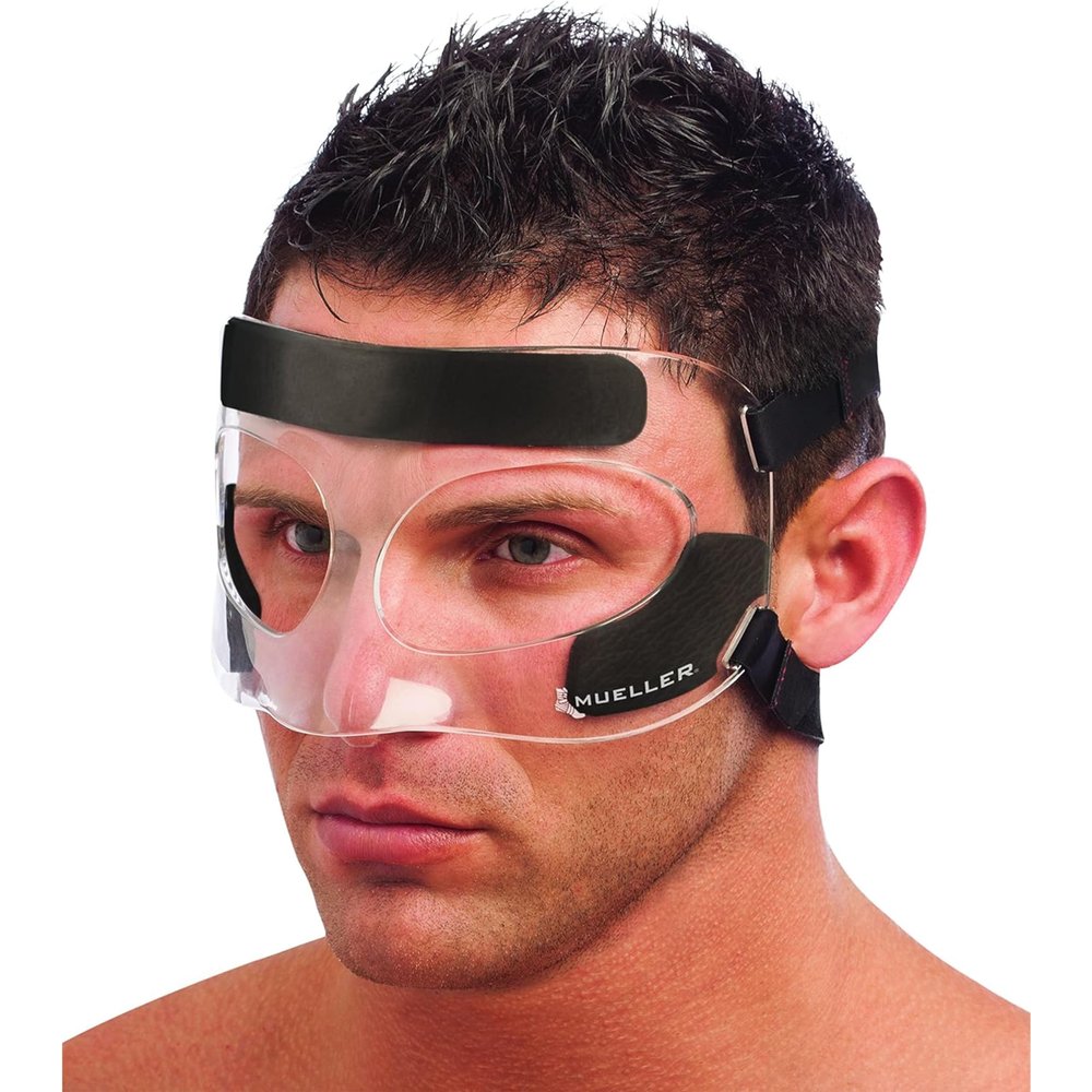 MUELLER Sports Medicine Face Mask for Men & Women, Adjustable Clear Face Guard, Nose & Cheek Protection for Basketball & Cosmetic Procedures, Shatterproof with Foam Padding, One Size