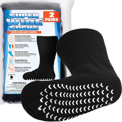 IMPRESA Wide Calf Socks - Super Stretch Fit for Lymphedema & Hospital Socks - Skid-Resistant Comfort for Extra Wide Fit - Unisex Design for Cast Cover - Pack of 2, Black