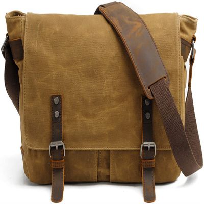HuaChen Vintage Military Style Waxed Canvas Messenger Bag for Men, Water-Resistant Genuine Leather Laptop Satchel Fits 15.6 Inch, Shoulder Briefcase for Work School Travel - M49 Khaki