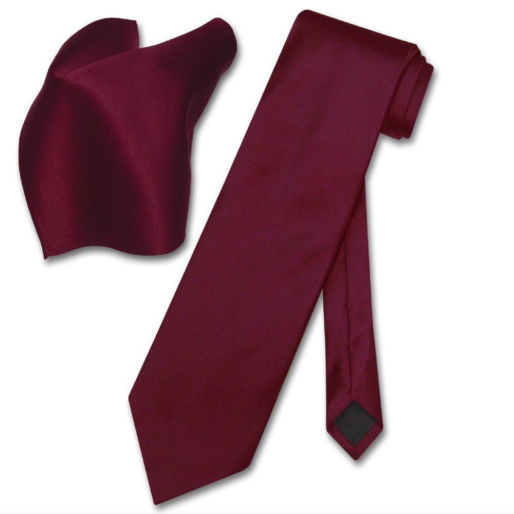 Vesuvio Napoli Solid Color NeckTie & Handkerchief Pocket Square Men's Neck Tie Hanky Set (Burgundy)