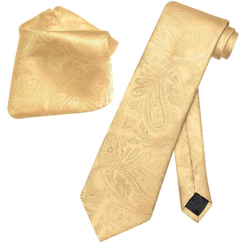 Vesuvio Napoli Gold Color PAISLEY NeckTie & Handkerchief Matching Neck Tie Set