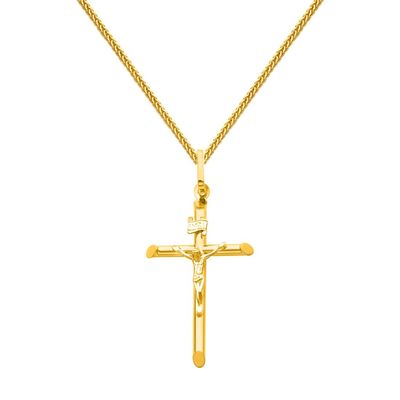 The World Jewelry Center 14k Real Yellow Gold Crucifix Cross Pendant with 1mm Braided Square Wheat Chain Necklace - 20"