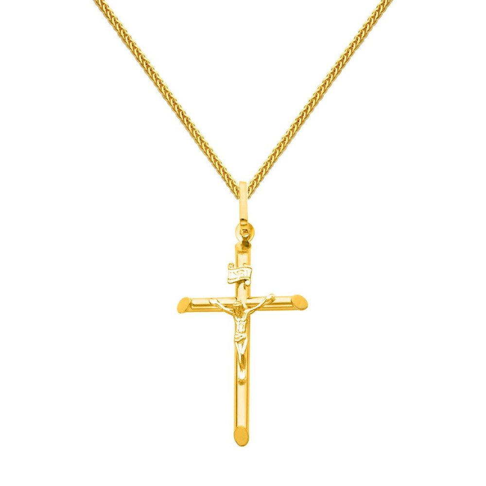The World Jewelry Center 14k Real Yellow Gold Crucifix Cross Pendant with 1mm Braided Square Wheat Chain Necklace - 20"