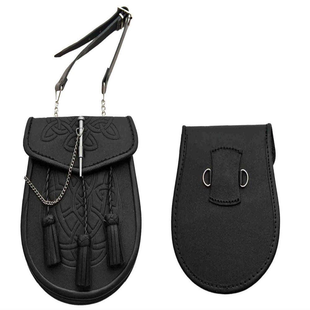 SZCO 8" Celtic Knot Leather Sporran with Adjustable Chain & Belt, Black  Tassel Design, Stainless Steel Pin  Perfect for Kilts, Costumes, and Events