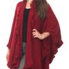 Fennco Styles Women's Ruffle Trim Knit Open Front Poncho Cape Shawl - Fall Wrap Jacket, Cozy and Stylish Layering Piece, Multiple Colors (Crimson Red) view 3
