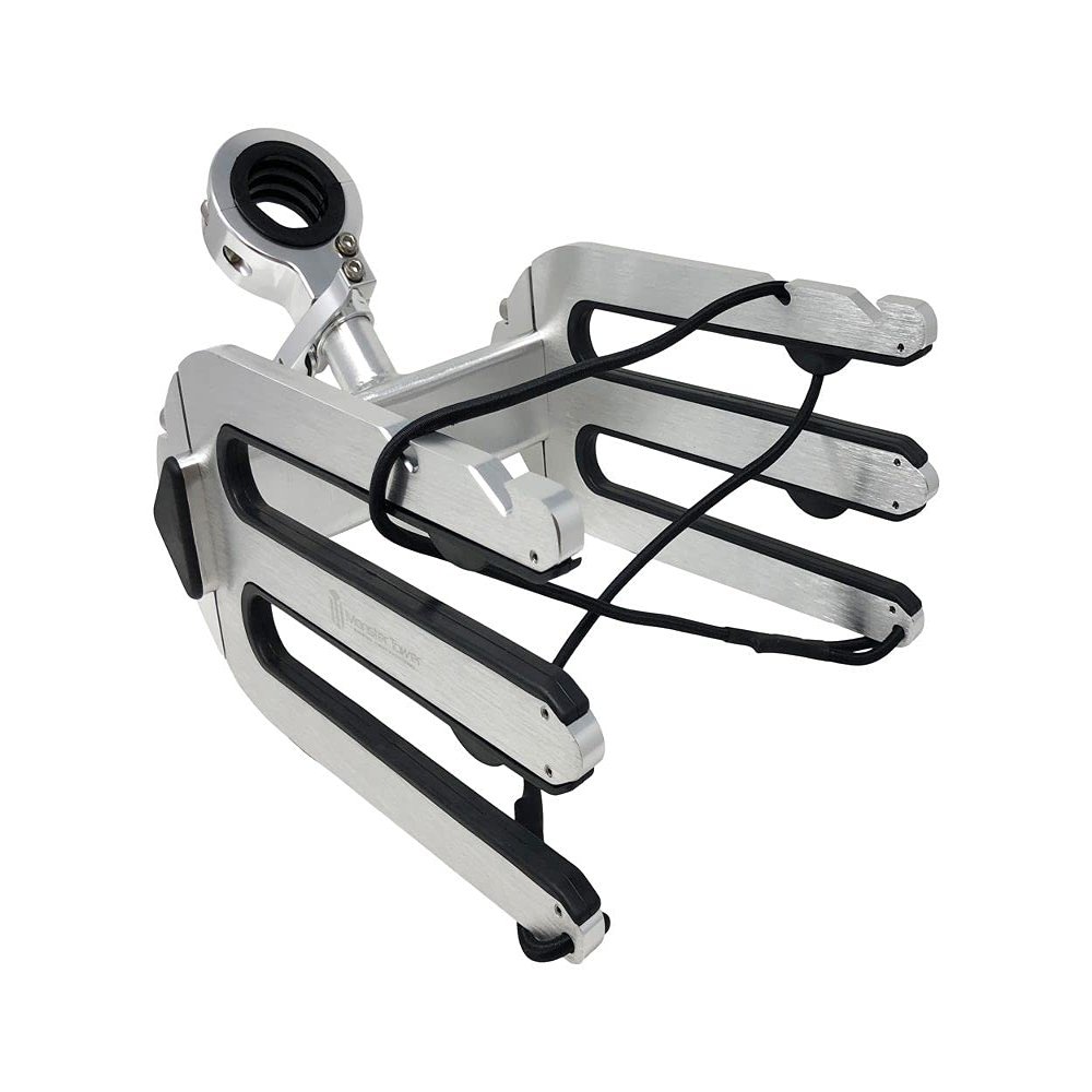 Monster Tower Wakeboard Rack - Quick Release Retractable Mount, Universal Fit for Wakeboard Towers, 360 Degree Rotation, Rubber Bumper, Shock Cord  Brushed Anodized Silver Finish