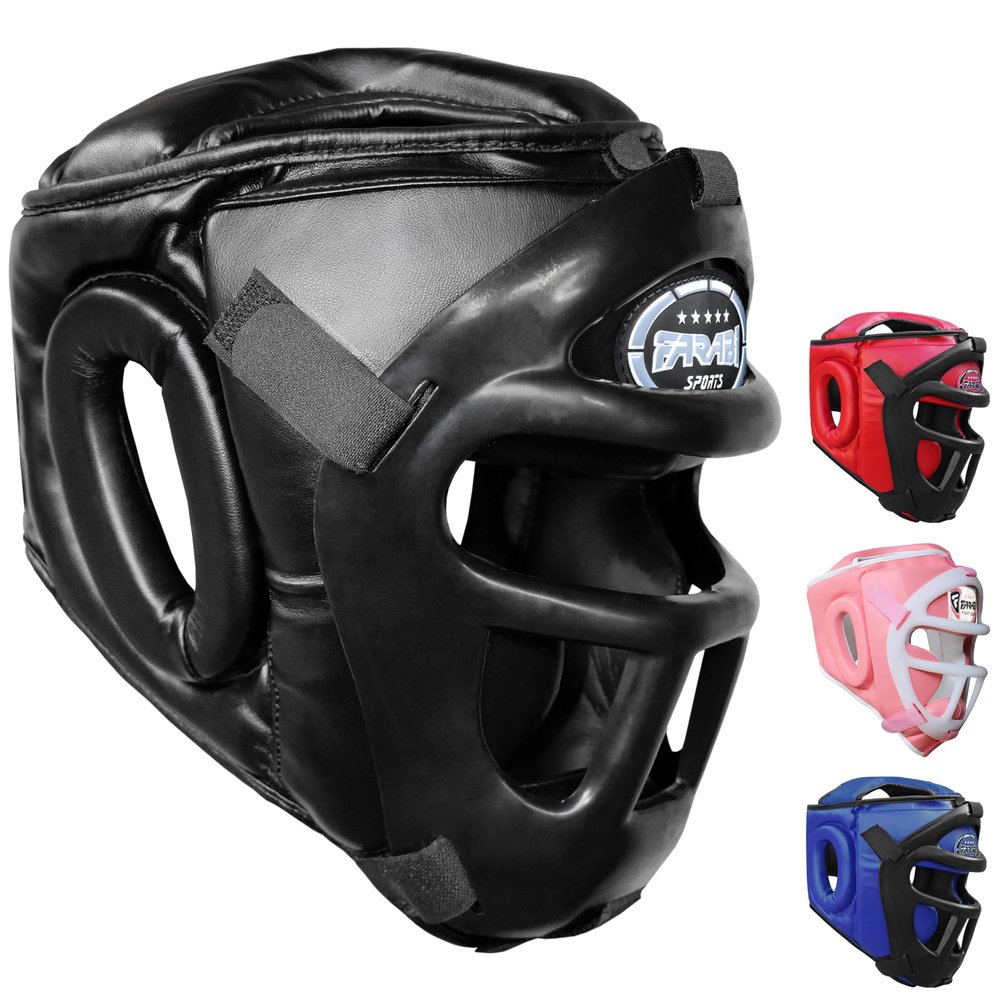 Farabi Sports Boxing Headgear Grill Head Guard MMA Training Kickboxing Sparring Gear Removable Front Bar Gril (Black, X-Large)