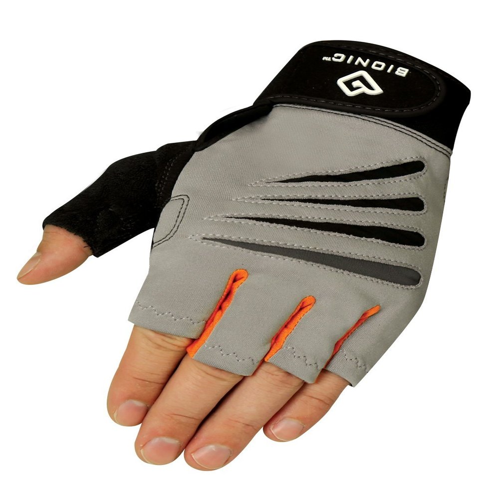 Bionic Glove Men's Cross-Training Fingerless Gloves w/ Natural Fit Technology, Gray/Orange (PAIR), Medium