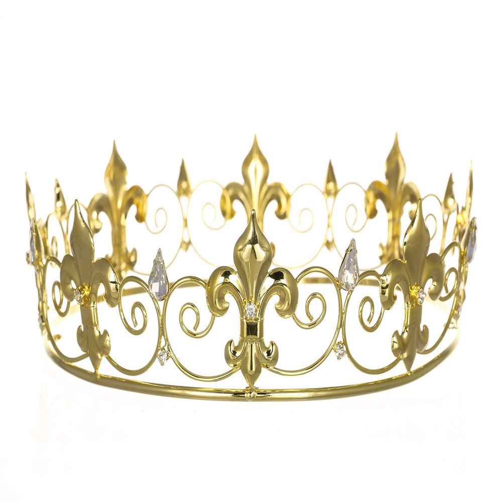 Men's Full King's Crown for Theather Prom Party - Clear Crystals Gold Plating T436