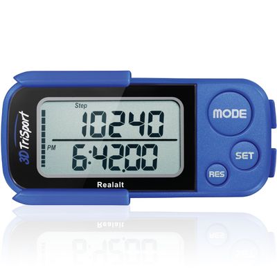 Realalt 3DTriSport Walking 3D Pedometer with Clip & Strap, eBook Included | 30 Days Memory, Accurate Step Counter, Walking Distance Miles/Km, Calorie Counter, Daily Exercise Time Monitor - Blue