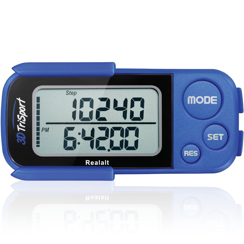 Realalt 3DTriSport Walking 3D Pedometer with Clip & Strap, eBook Included | 30 Days Memory, Accurate Step Counter, Walking Distance Miles/Km, Calorie Counter, Daily Exercise Time Monitor - Blue