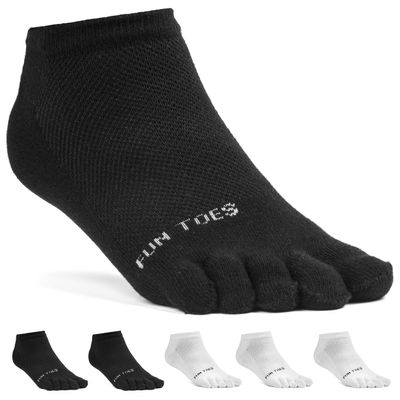 FUN TOES Women's Cotton Toe Socks-Breathable-6 PAIRS Pack-Size 9-11-Lightweight (3 Black/ 3 White)