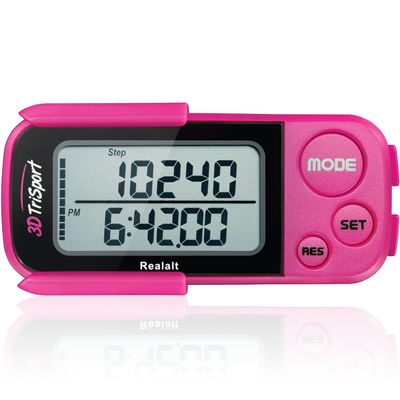 Realalt 3DTriSport Walking 3D Pedometer with Clip & Strap, eBook Included | 30 Days Memory, Accurate Step Counter, Walking Distance Miles/Km, Calorie Counter, Daily Exercise Time Monitor - Magenta
