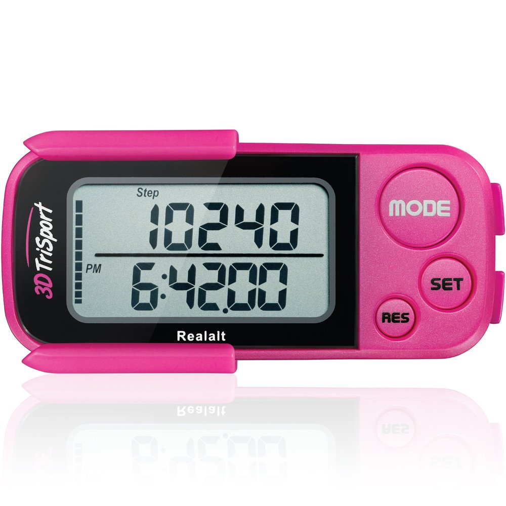 Realalt 3DTriSport Walking 3D Pedometer with Clip & Strap, eBook Included | 30 Days Memory, Accurate Step Counter, Walking Distance Miles/Km, Calorie Counter, Daily Exercise Time Monitor - Magenta