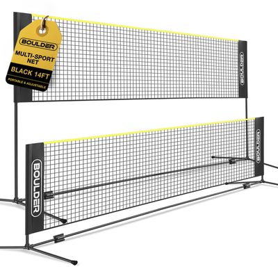 BOULDER Portable Badminton Pickleball Net - Foldable / Extendable Poles for Multiple Sports Heights (UP to 5 ft) - Ideal for Tennis, Pickleball, Soccer Tennis - Easy Setup (Black, 14 FT)