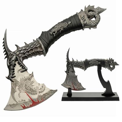 14.5" Underworld Dragon Camping EDC Fantasy Decorative Hatchet Knife Etched Stainless Steel Blade Abs Dragon Shaped Handle Decorative Guard and Pommel with Wooden Stand