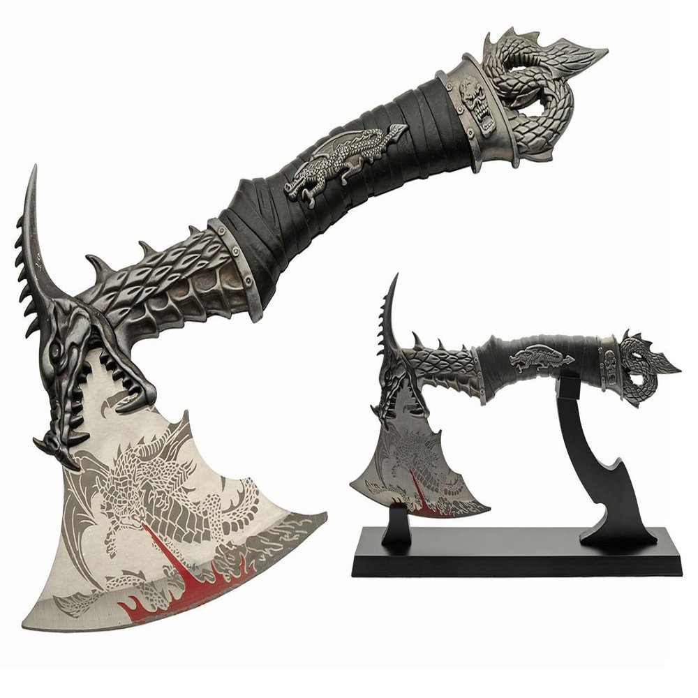 14.5" Underworld Dragon Camping EDC Fantasy Decorative Hatchet Knife Etched Stainless Steel Blade Abs Dragon Shaped Handle Decorative Guard and Pommel with Wooden Stand