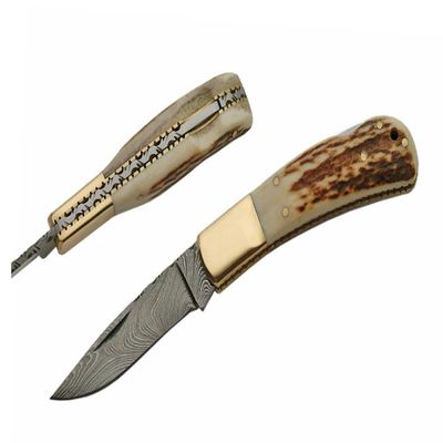 Clip Point Damascus Steel Blade Bone Handle 7 inch Edc Folding Knife