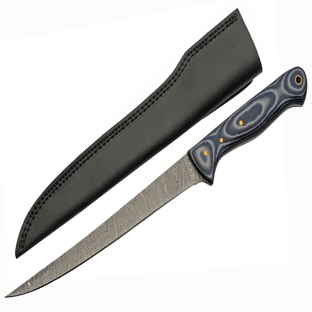 Blue Wood Filleting Steak Knife With Damascus Steel Blade | Leather Sheath
