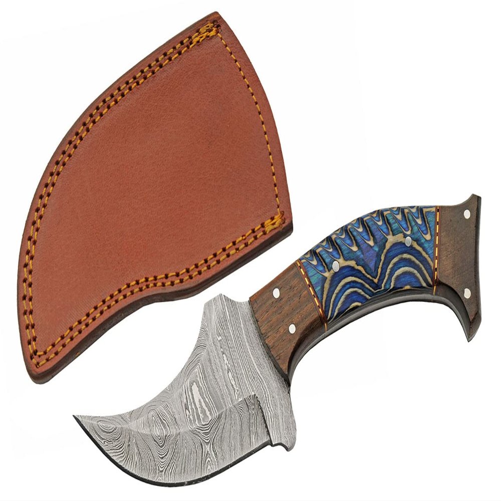 Damascus Steel Blue Pueblo Wood Handle 8 inch Hunting Knife