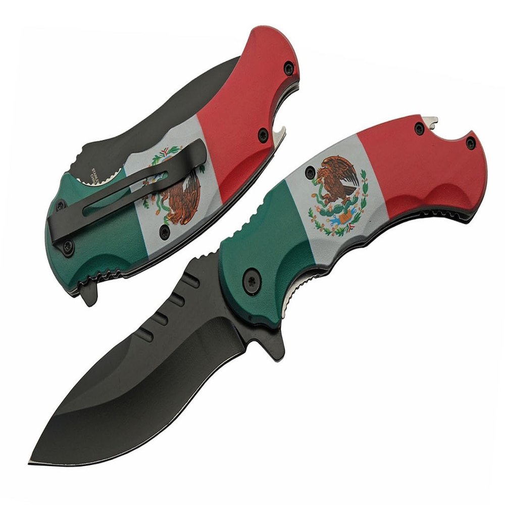 Mexican Flag Pocket Folding Knife 8.5" Full Tang Black Drop Point Stainless Steel Blade Abs Handle With 3d Printed Mexican Flag